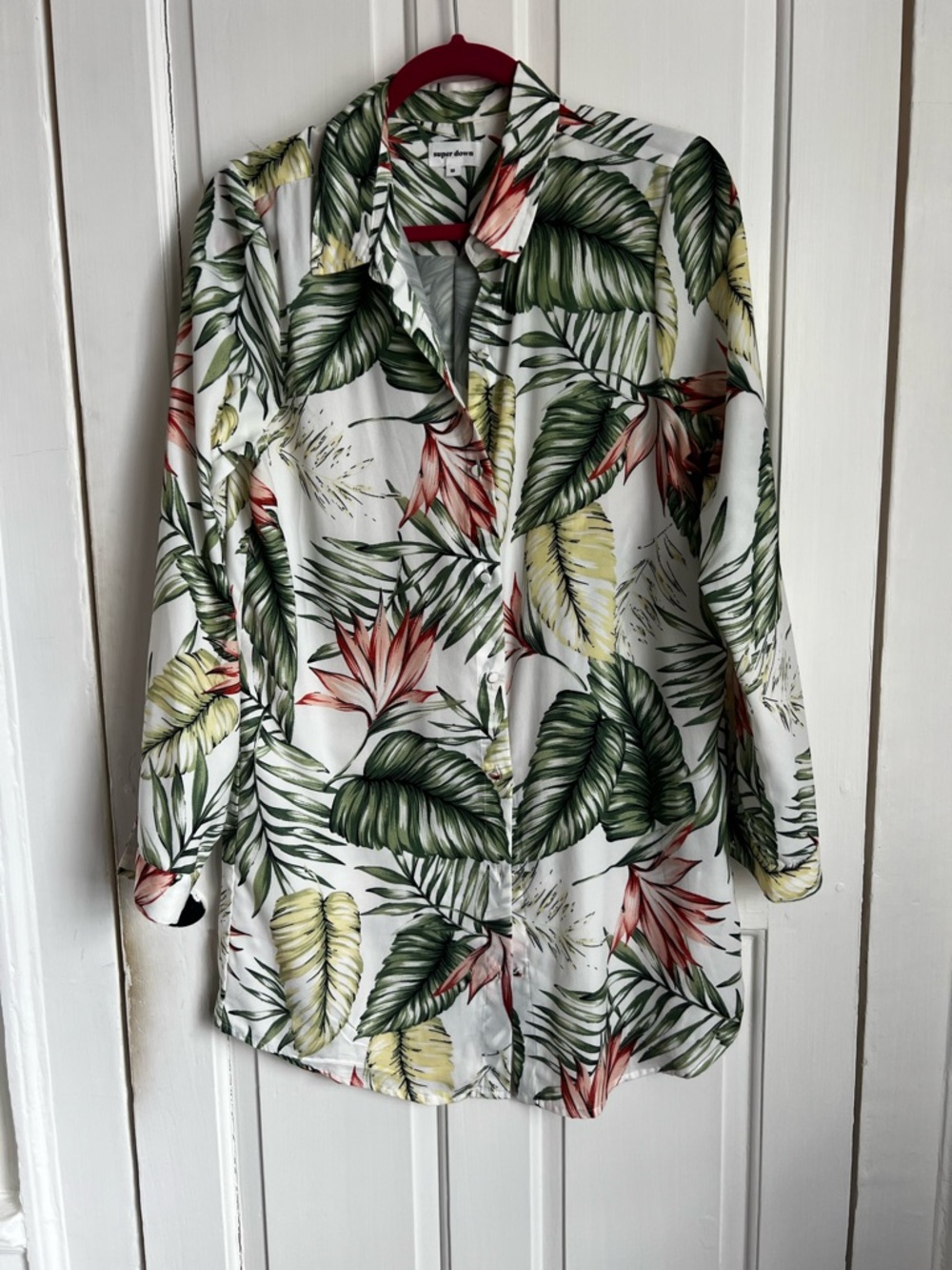 Tropical Leaf Button-Up mini Dress - White Base with Green & Coral Leaves